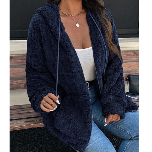 Plus Solid Charcoal Checkered zip up Drawstring Hoodie Jacket - Picture 3 of 10